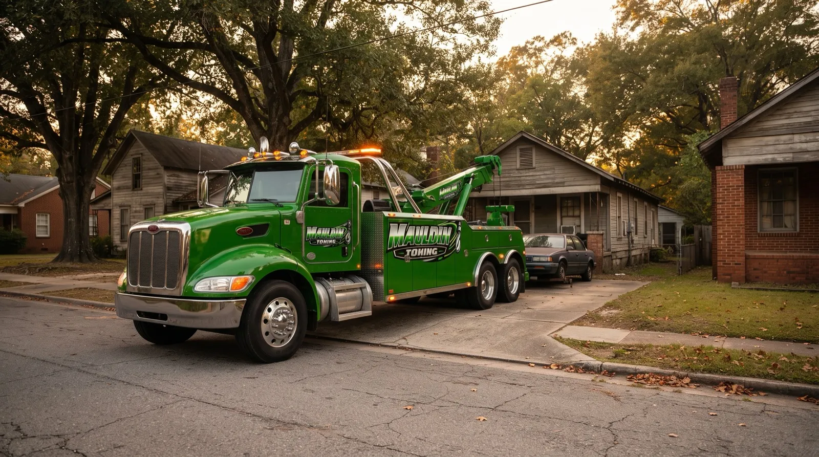 Green tow truck arriving at a residential driveway in Conestee, SC