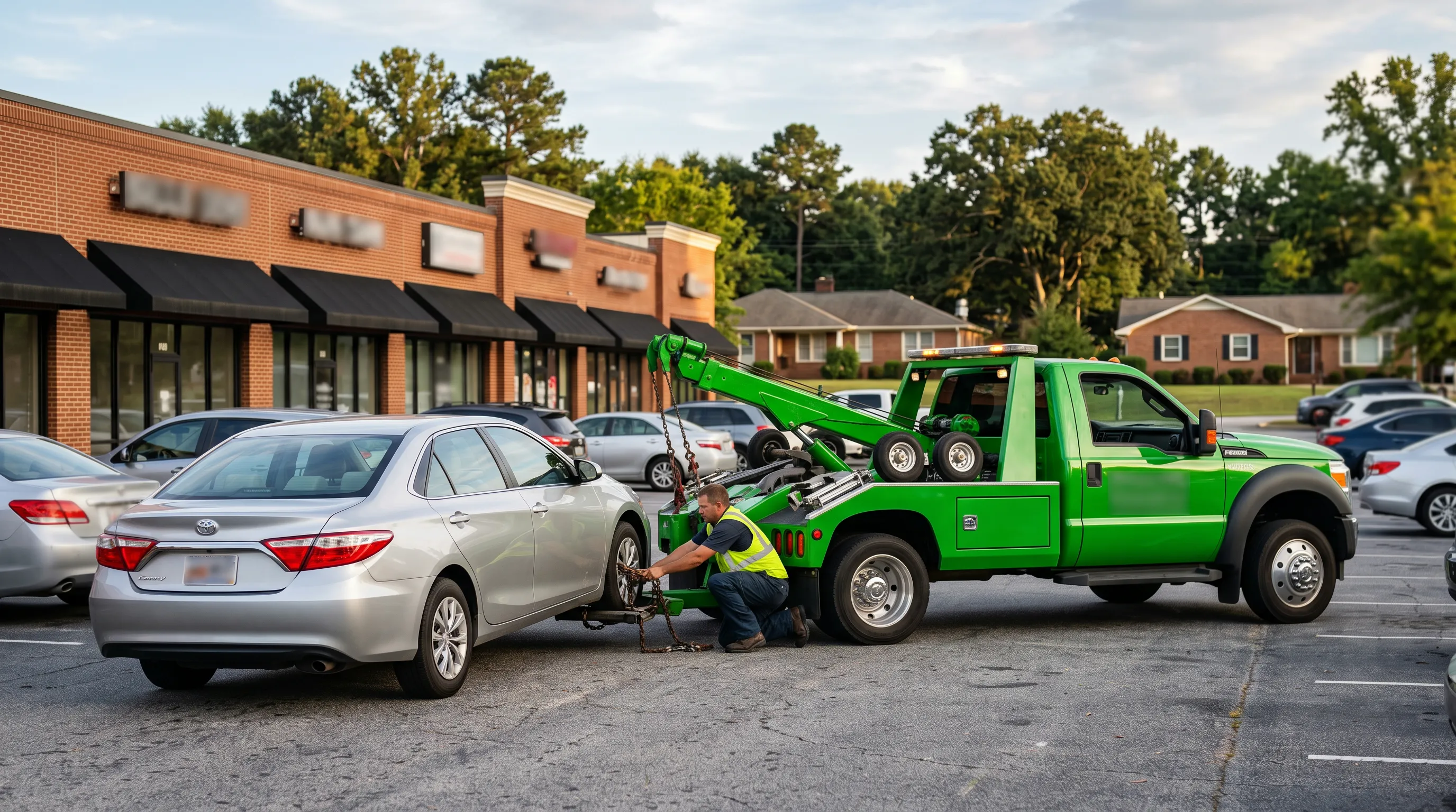 Green tow truck hooking up a car in a retail parking lot in Gantt, SC