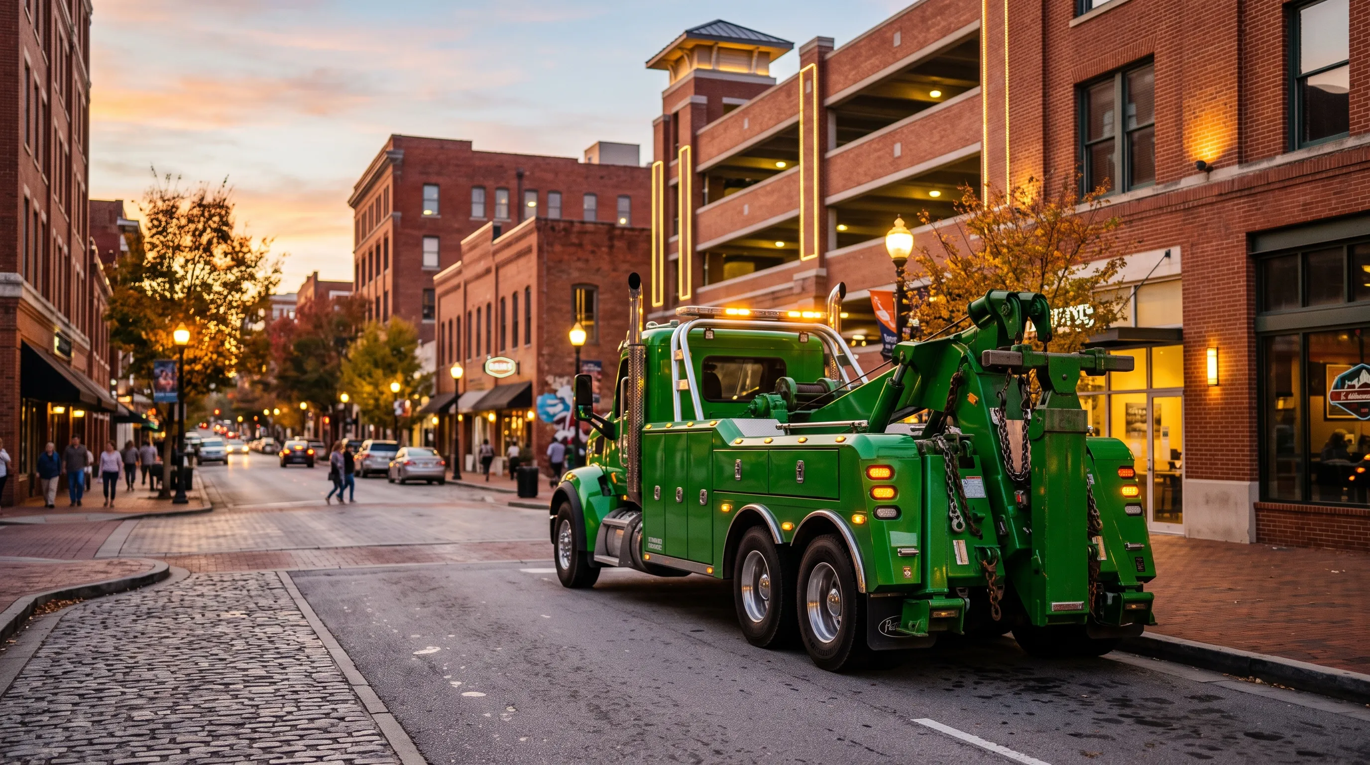 Green tow truck on a downtown Greenville, SC street at dusk