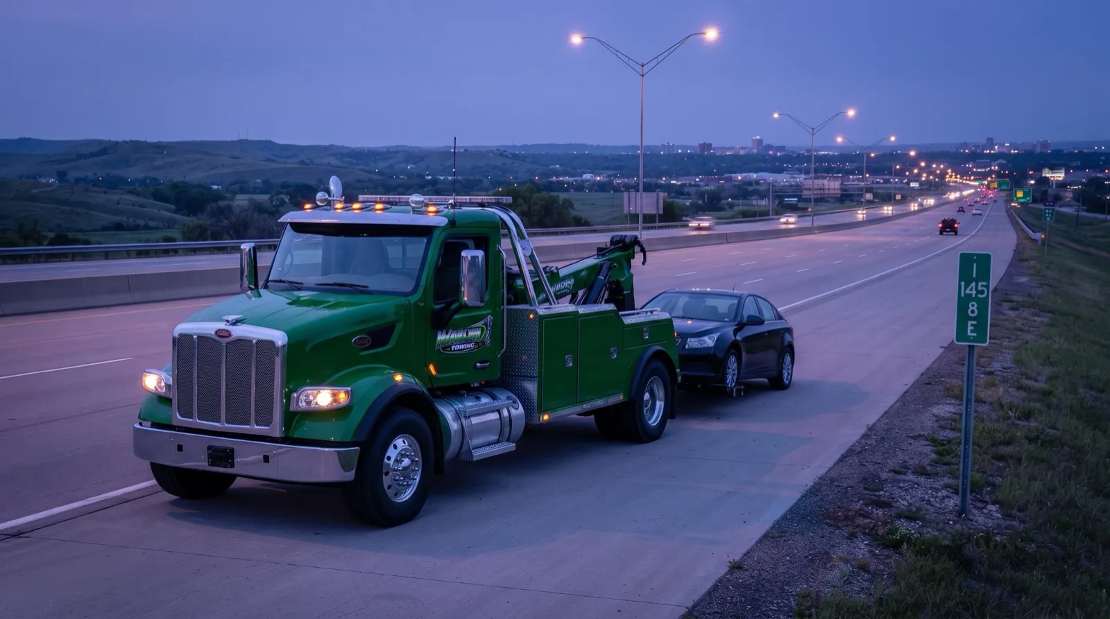 Green tow truck towing a car along I-85 near Greer, SC at dusk