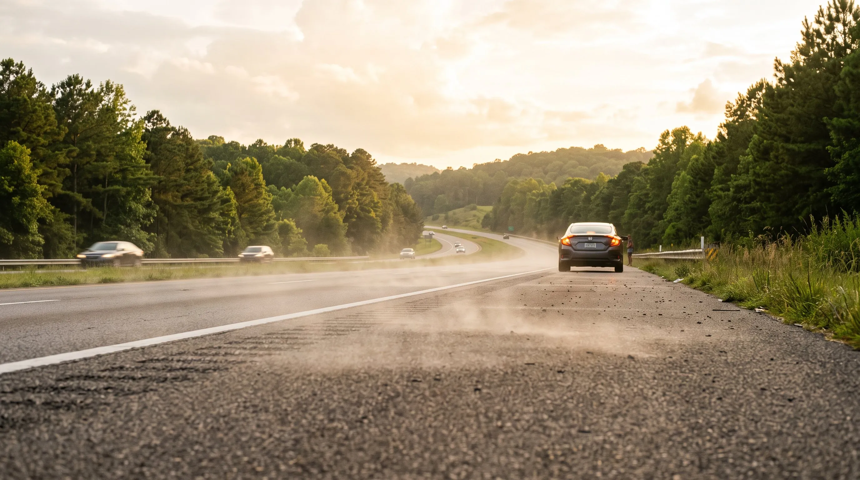 Heat shimmer rising off an Upstate SC highway with a car pulled onto the shoulder