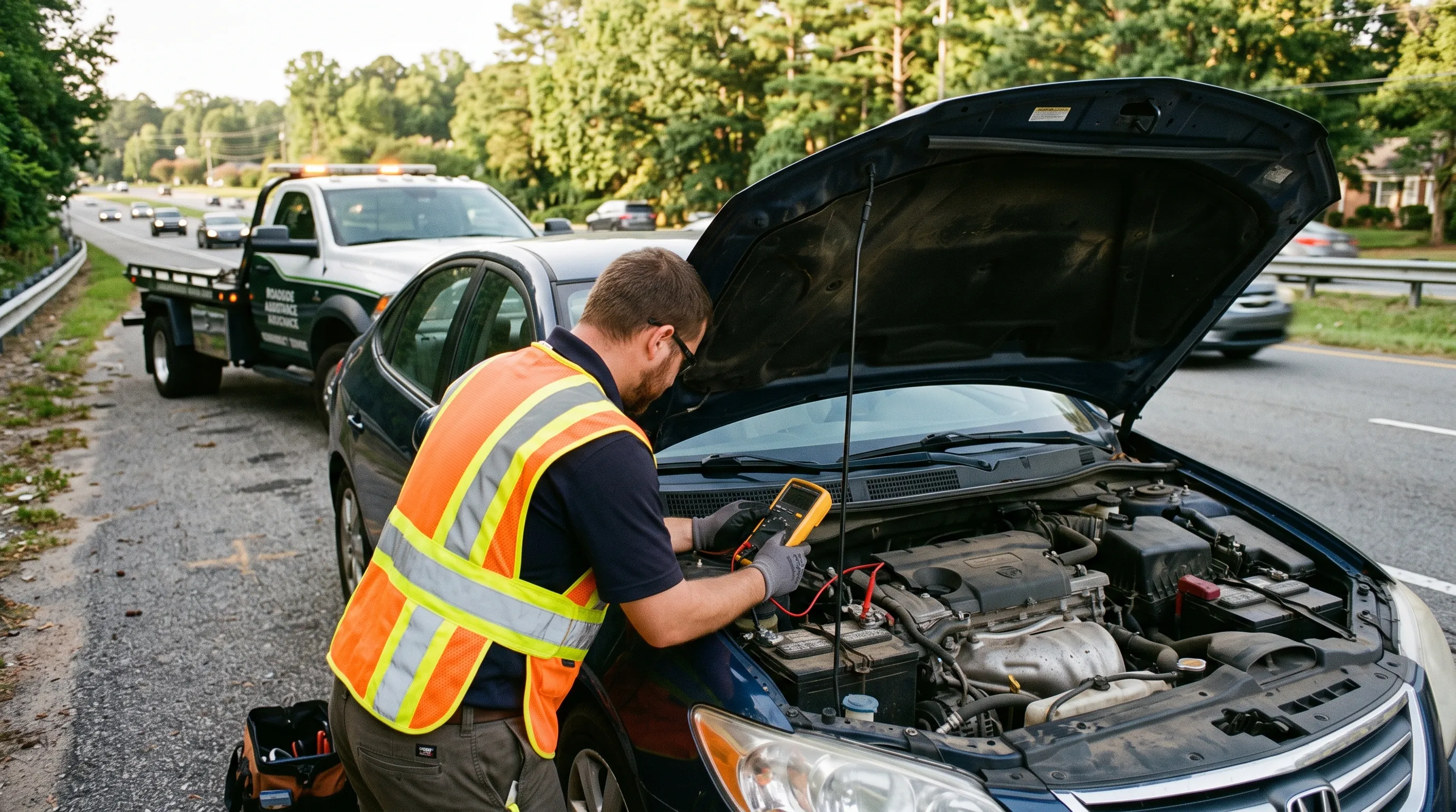 Roadside technician in a safety vest testing a car battery with a multimeter beside a tow truck on a Mauldin-area road