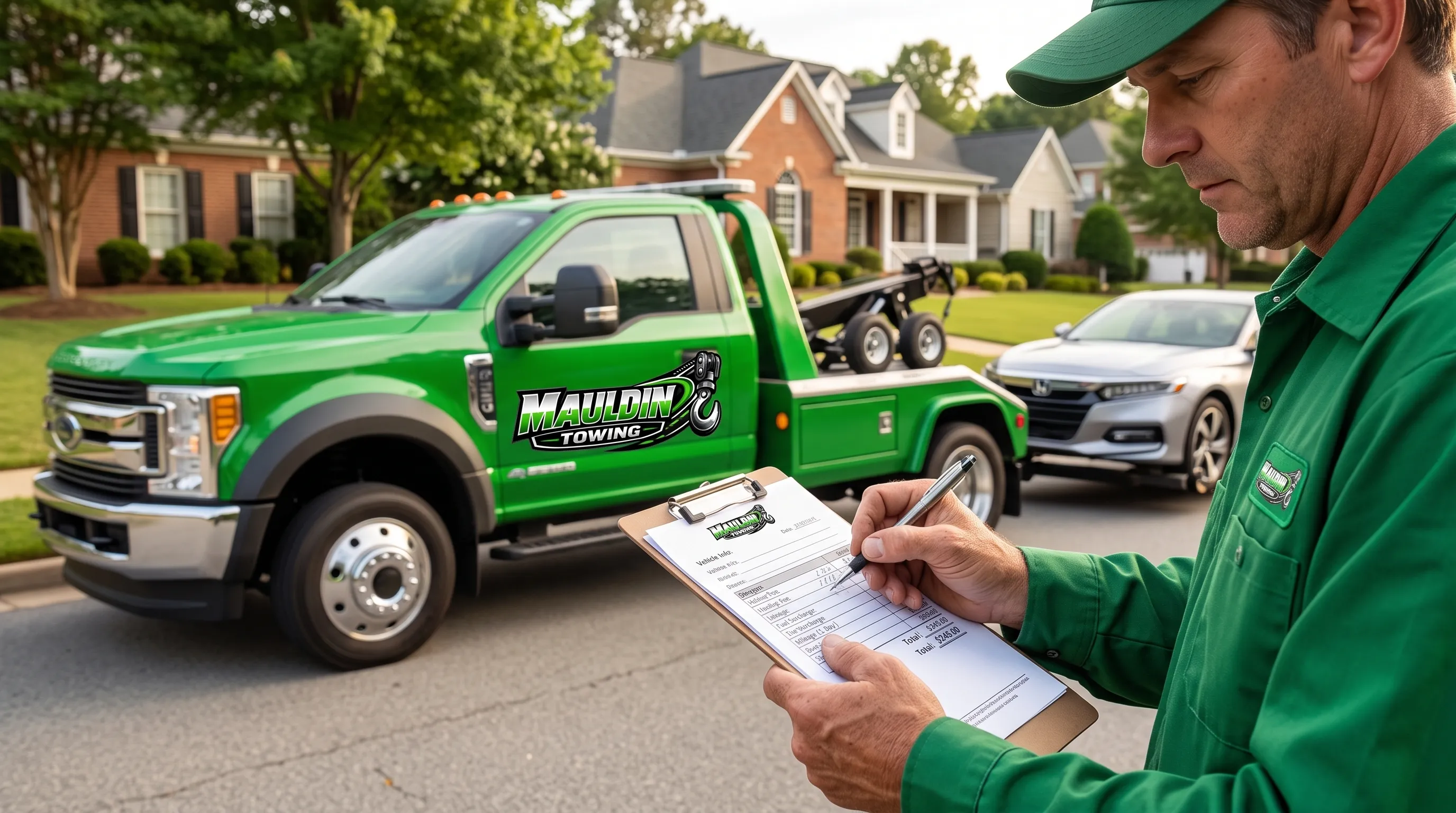 Tow truck operator writing an itemized receipt beside a hooked-up car in Mauldin, SC