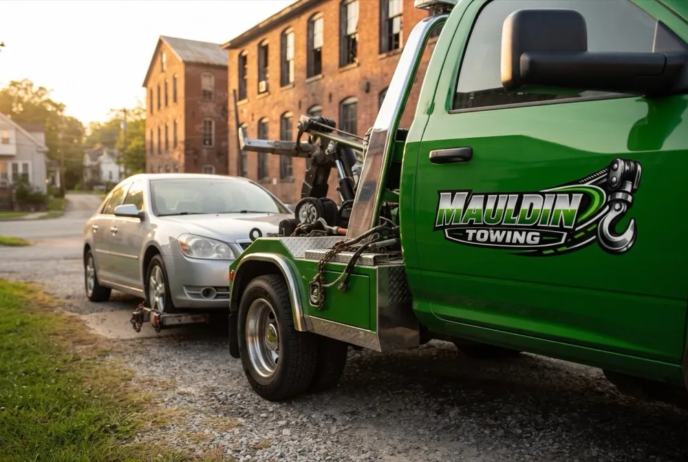 A Mauldin Towing truck hooking up a sedan on a Conestee street, with one of the area's old brick mill buildings in the background